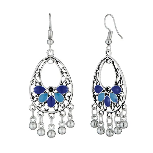 Jeweljunk Rhodium Plated Blue Meenakari Afghani Earrings