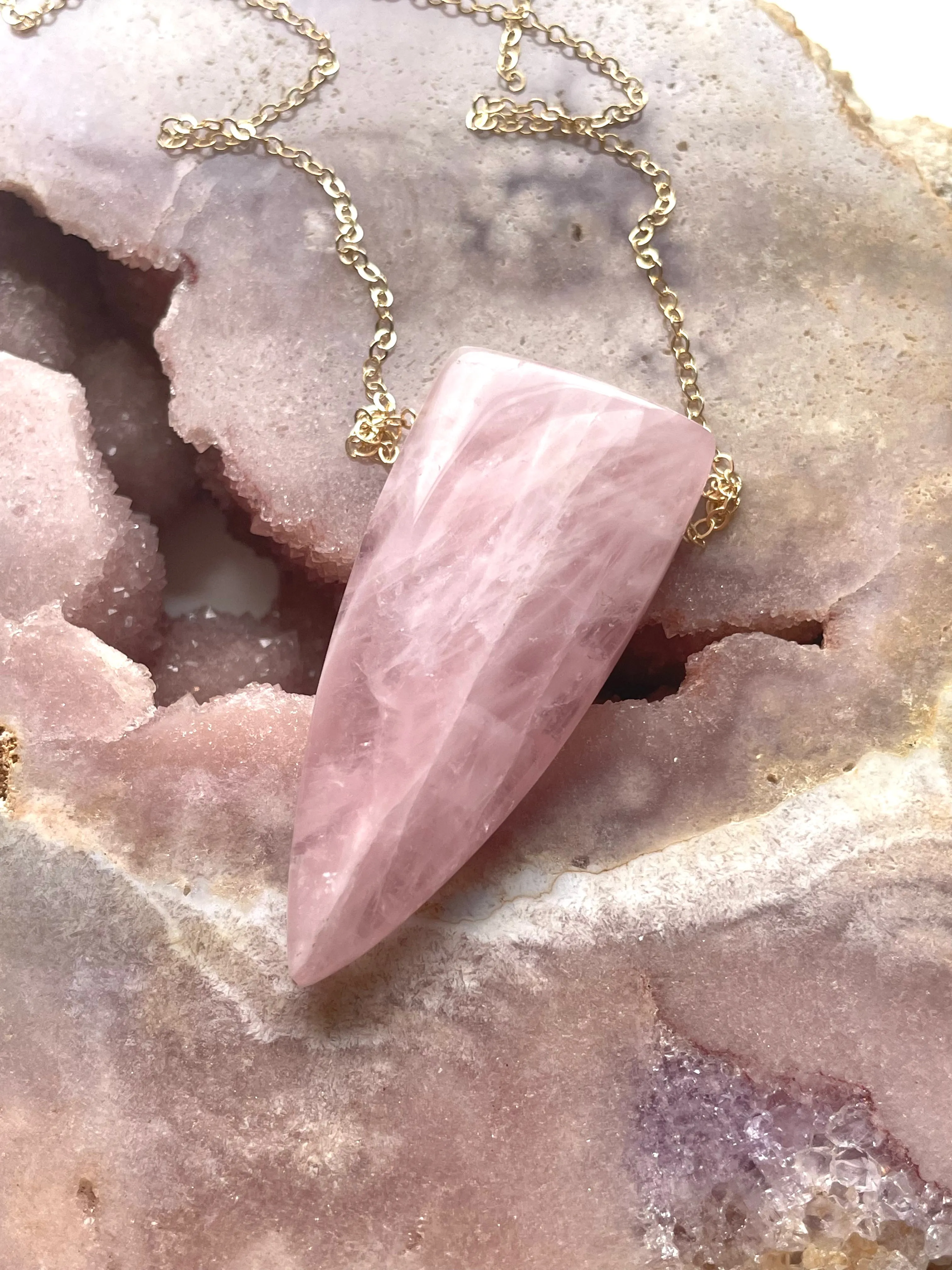 Large Rose Quartz Dagger Necklace Gold Fill