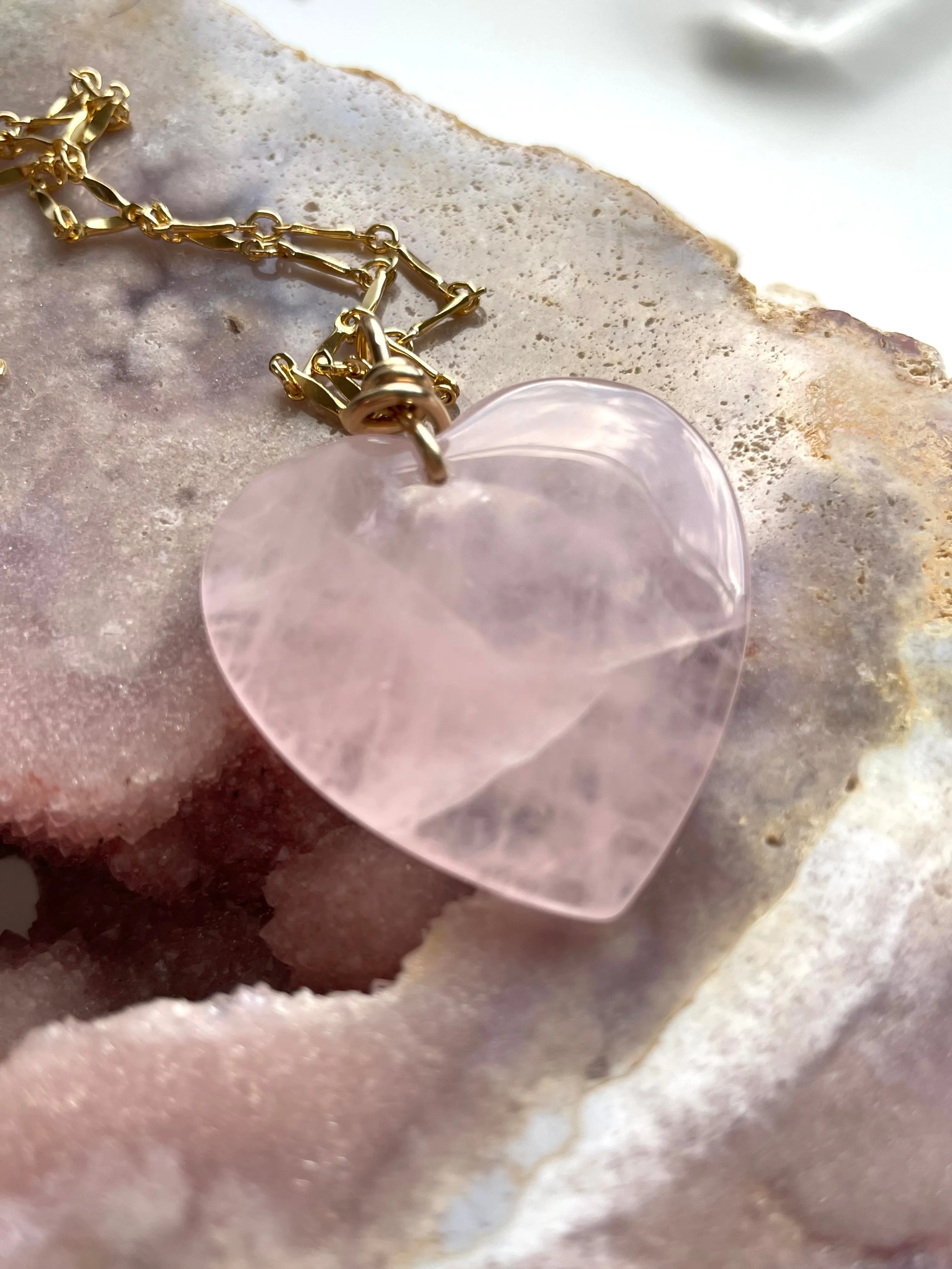 Large Rose Quartz Heart Necklace Gold Fill