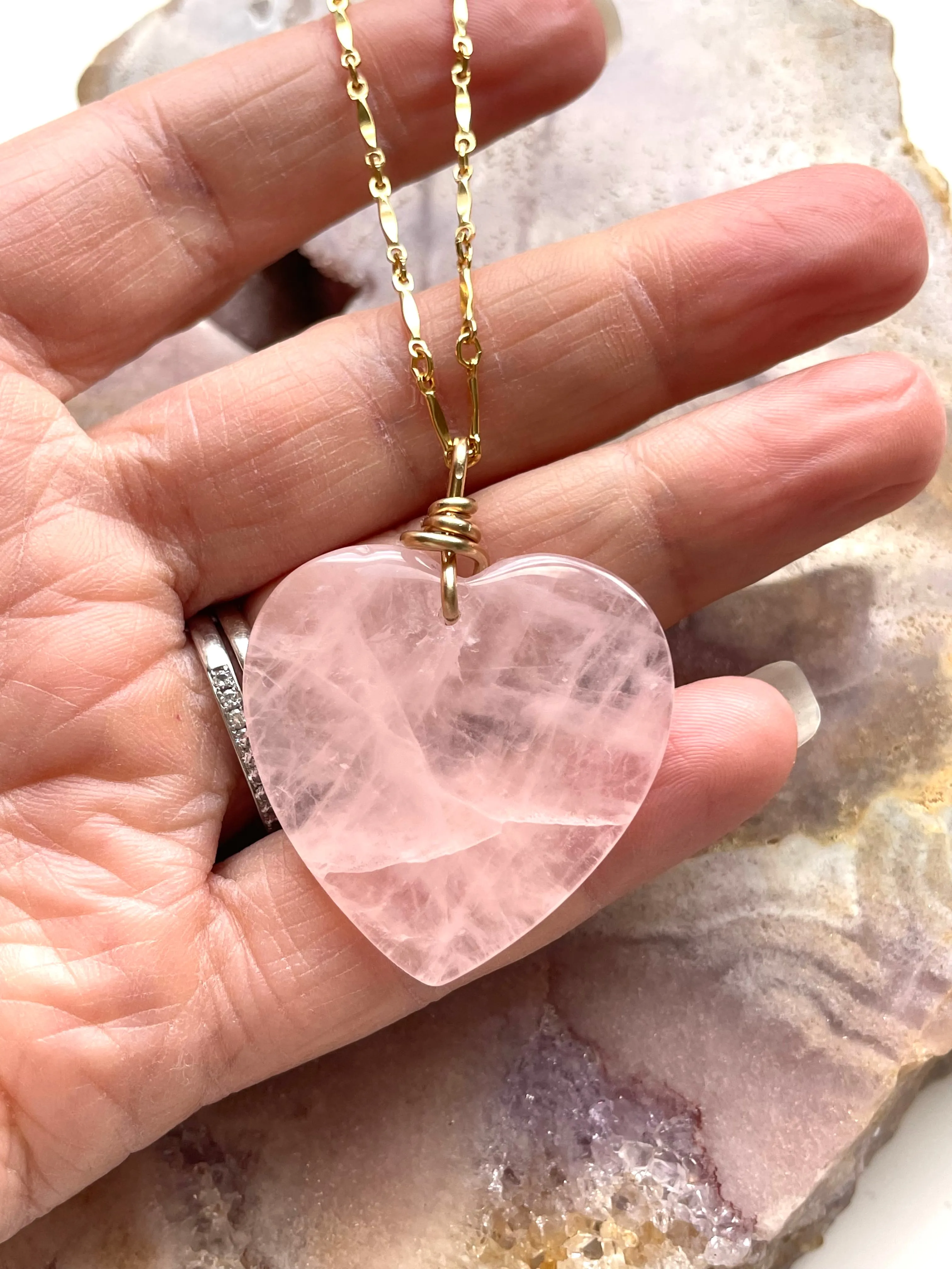 Large Rose Quartz Heart Necklace Gold Fill