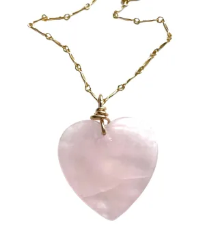 Large Rose Quartz Heart Necklace Gold Fill