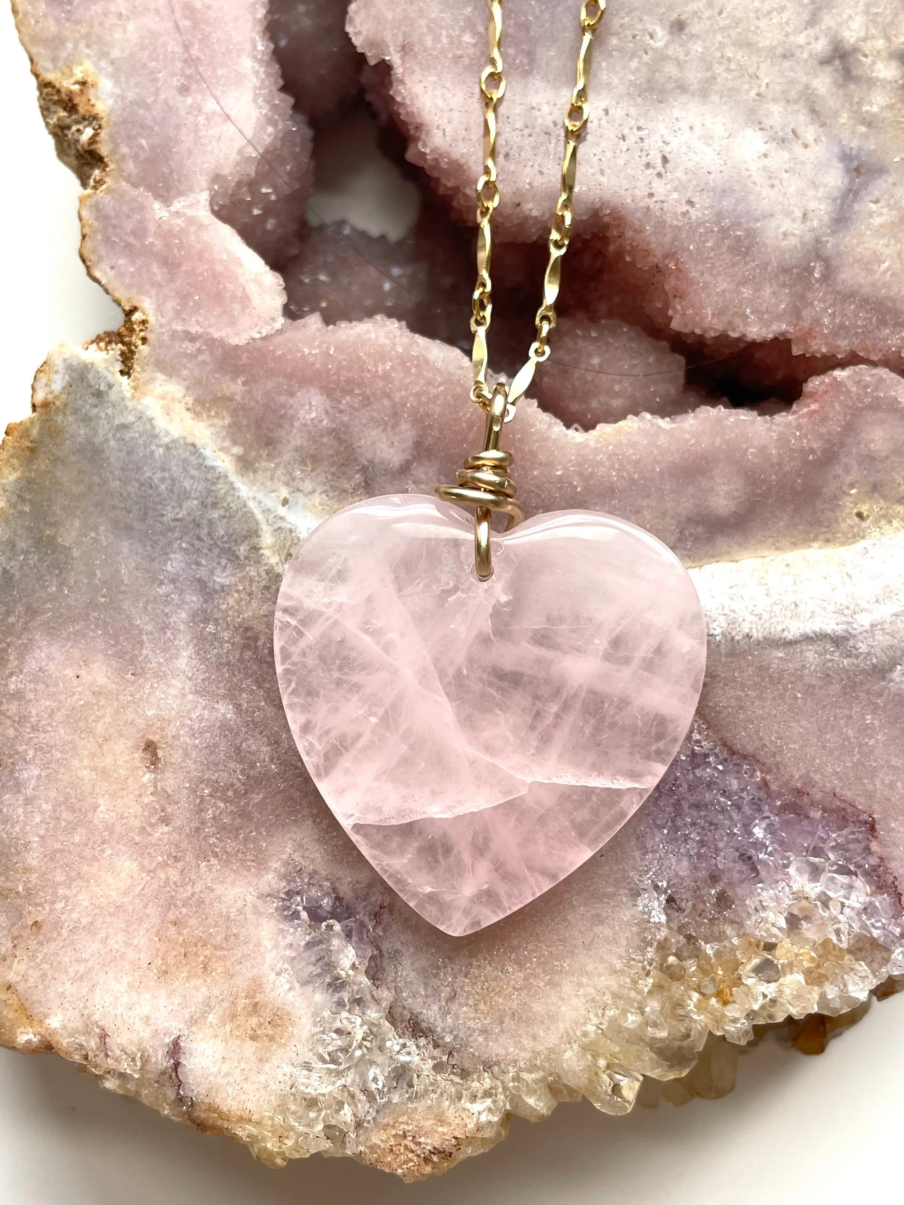 Large Rose Quartz Heart Necklace Gold Fill