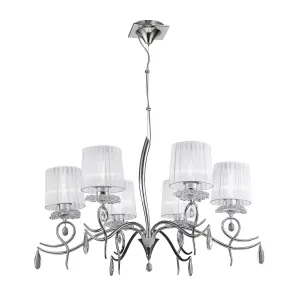 Mantra M5270 Louise Pendant 6 Light E27 White Shades Polished Chrome / Clear Crystal