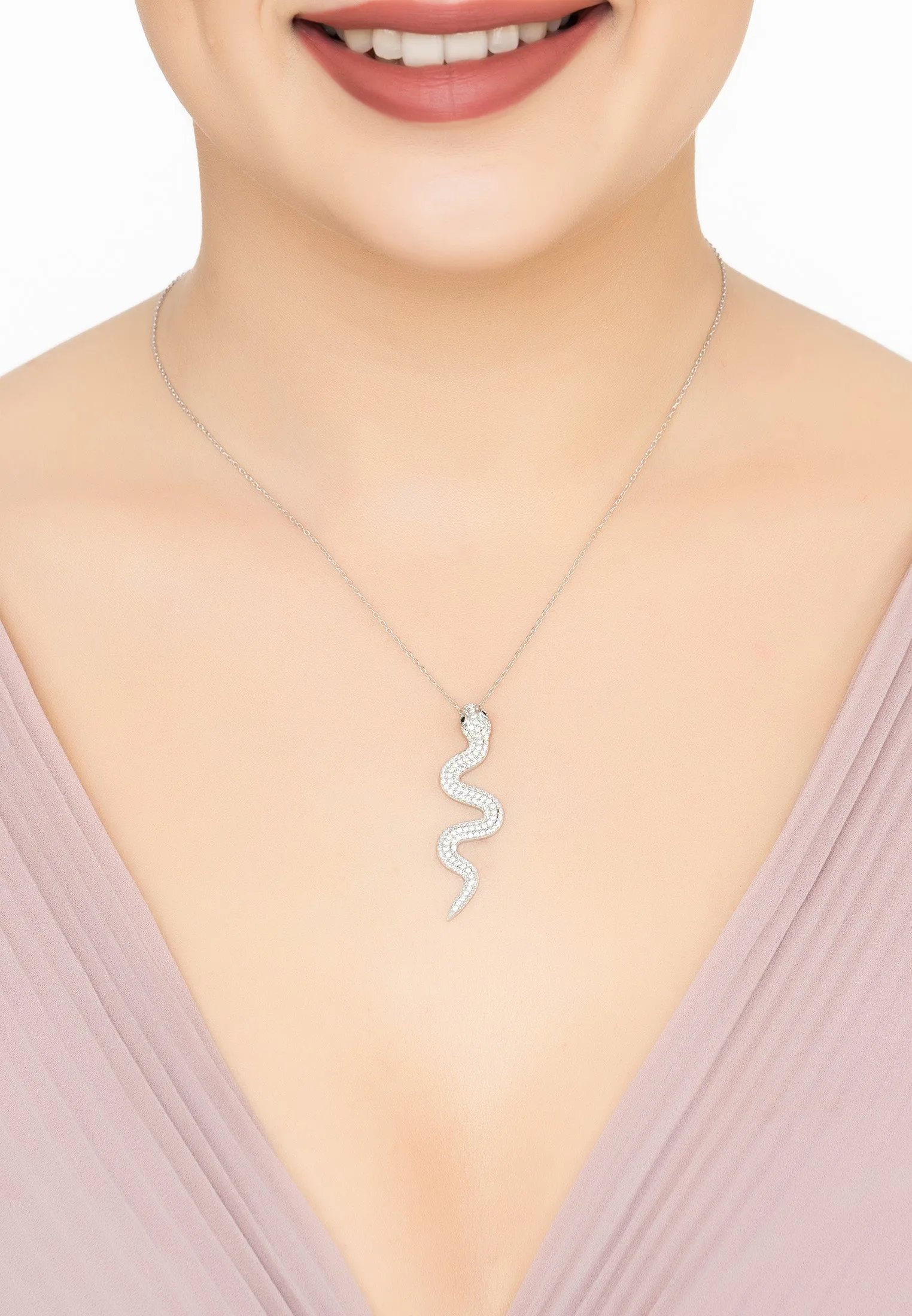 Medusa Snake Pendant Necklace Silver White CZ