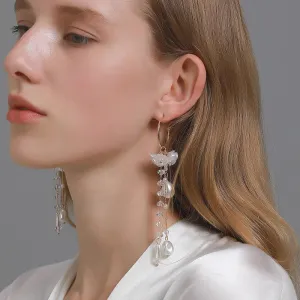 Nature-inspired Elegant Floral and Pearl Long Drop Earrings