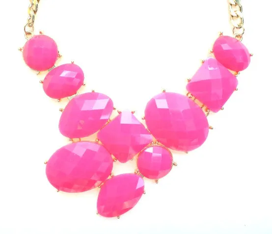 Neon Jeweled Gemstone Statement Necklace- Neon Pink