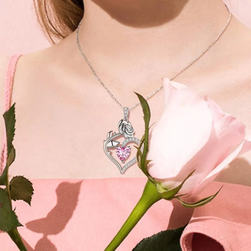 October Tourmaline Necklace Women Heart Birthstone Pendant Flower Rose Jewelry Birthday Gifts