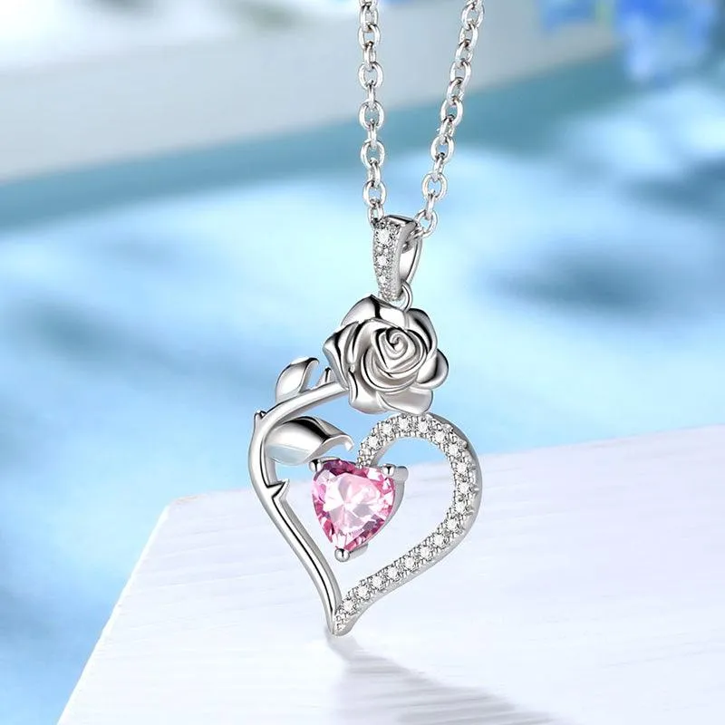 October Tourmaline Necklace Women Heart Birthstone Pendant Flower Rose Jewelry Birthday Gifts