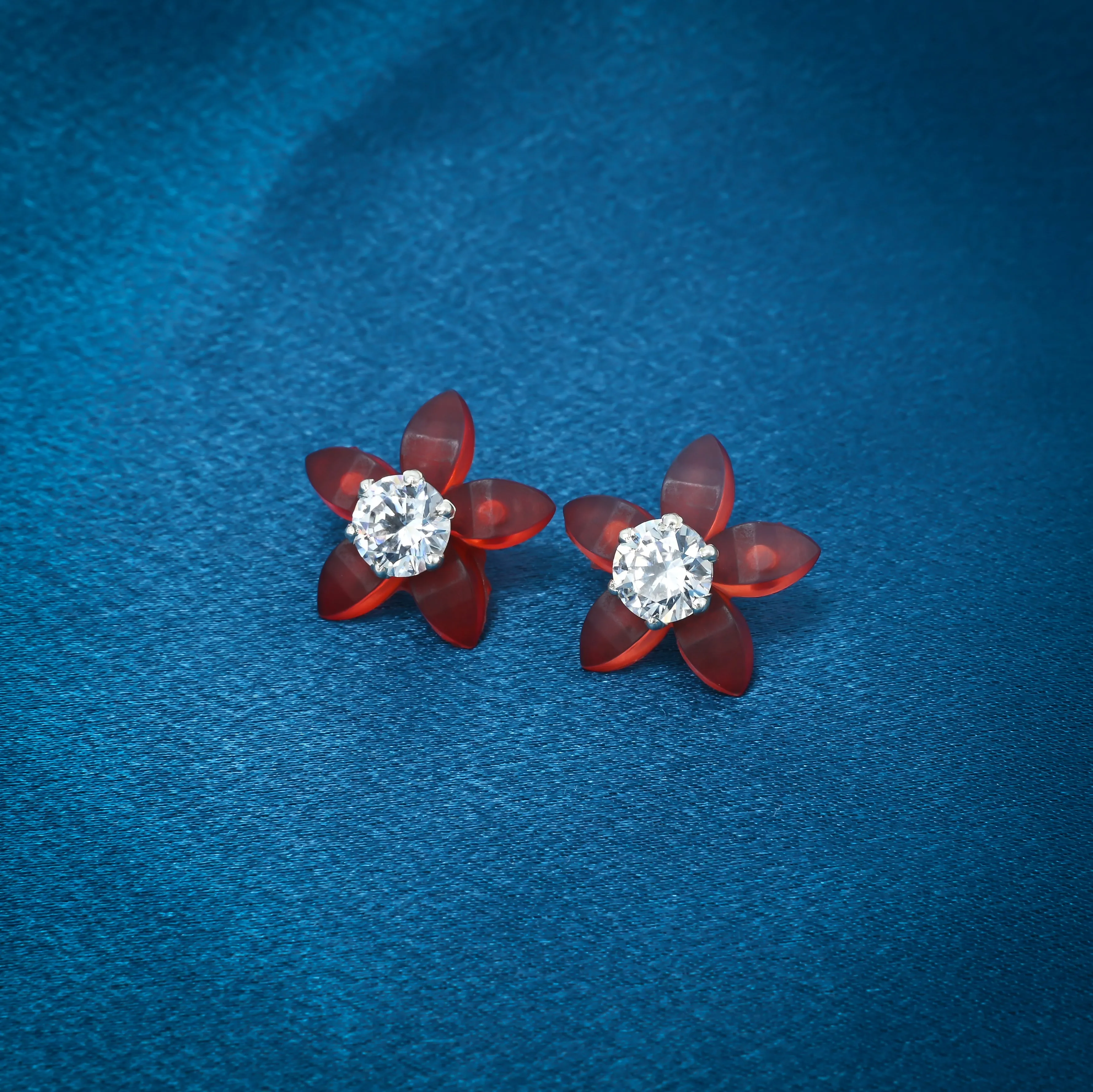 Orange Flower Silver Earrings with American Diamond Center