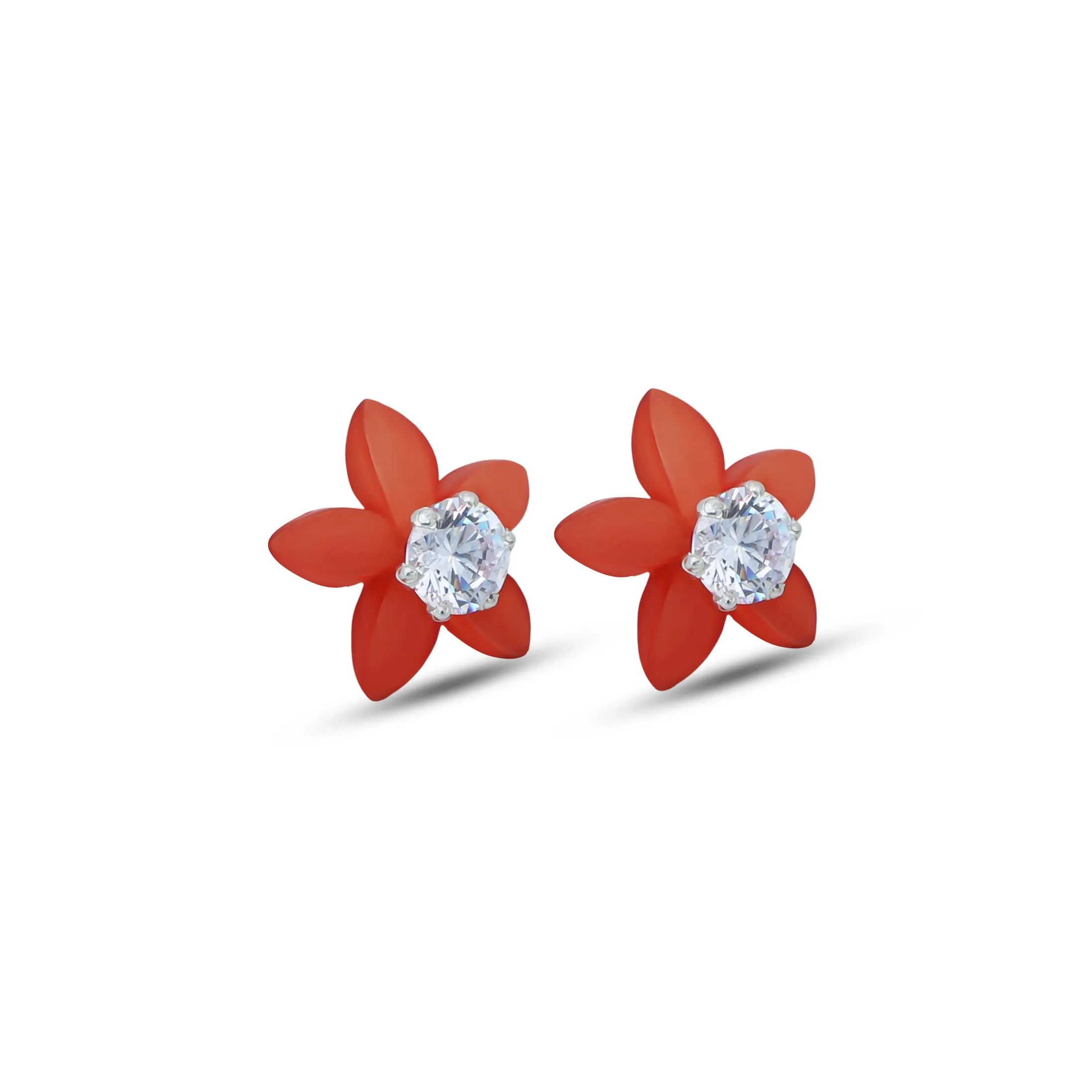 Orange Flower Silver Earrings with American Diamond Center