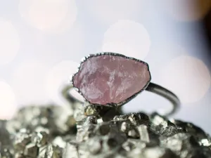 Oxidized Silver Rose Quartz ring | Simple stone stacking ring