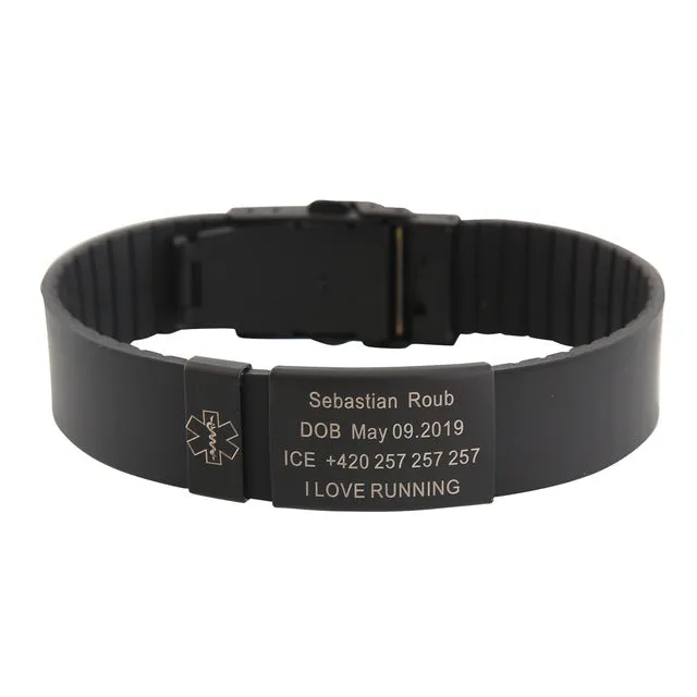 Personalized Custom Child Kids SOS ID Safety Wristband Black Bracelet Baby Kid Engraved Silicone Armband wrist Band Children Boy