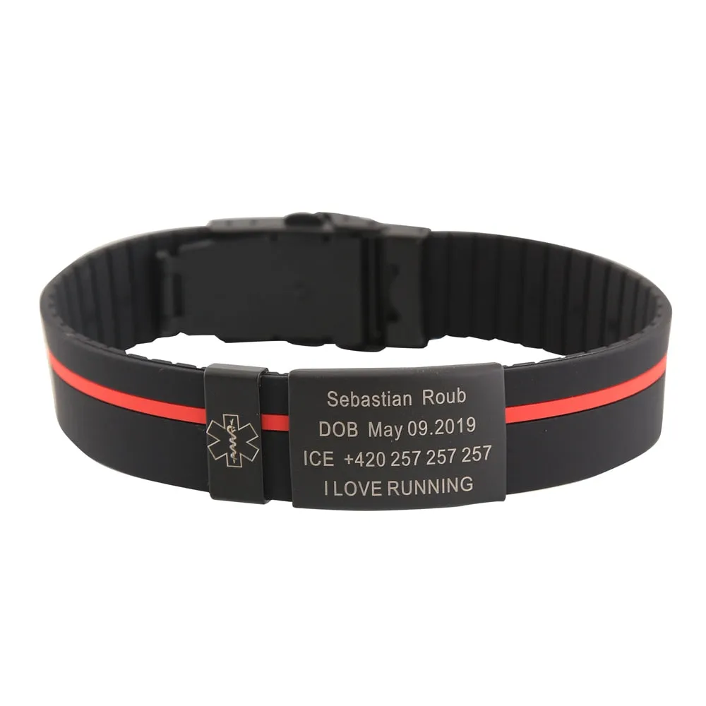 Personalized Custom Child Kids SOS ID Safety Wristband Black Bracelet Baby Kid Engraved Silicone Armband wrist Band Children Boy