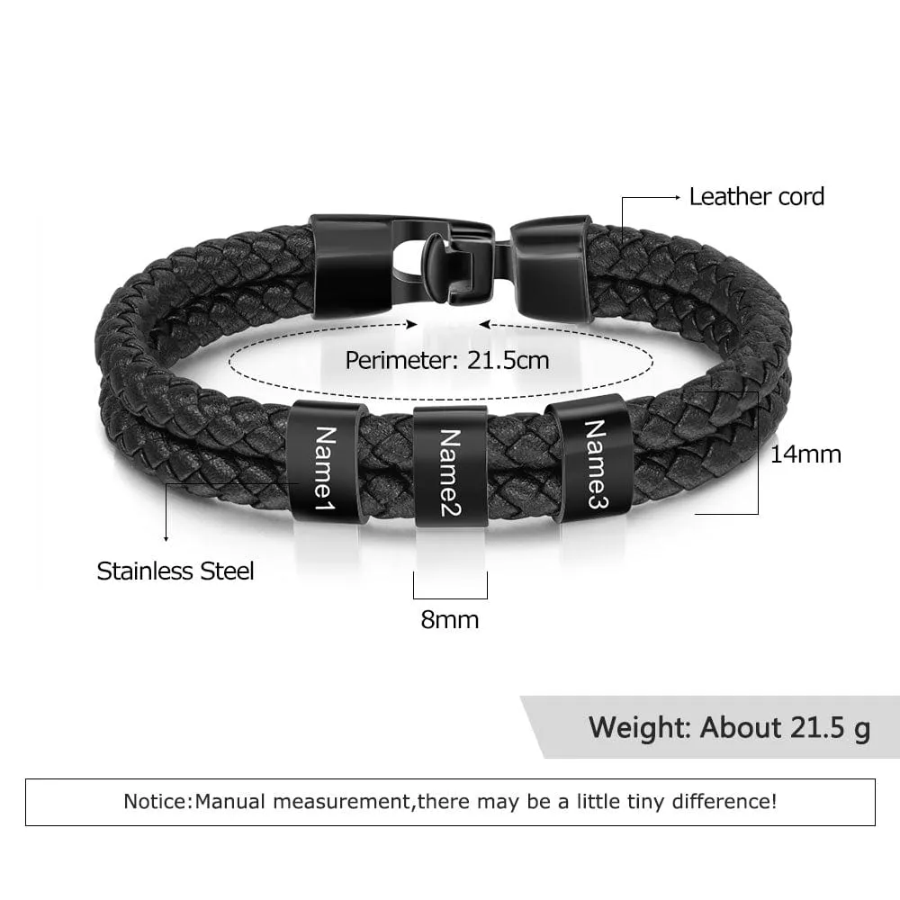 Personalized Stainless Steal Leather Bracelet with Laser Engraved Names