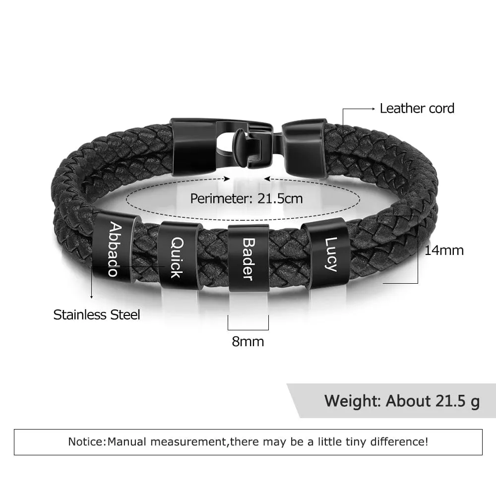 Personalized Stainless Steal Leather Bracelet with Laser Engraved Names