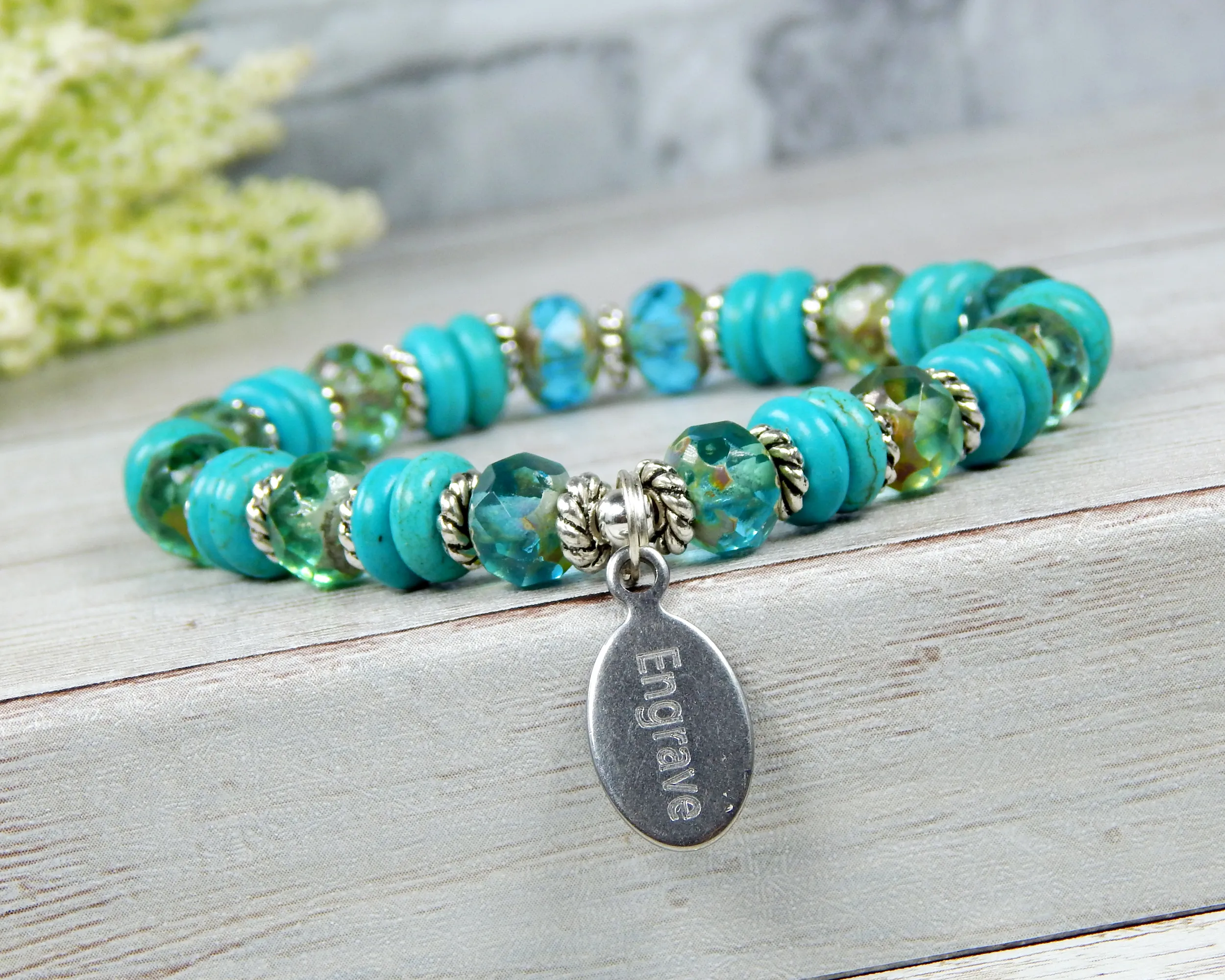 Personalized Women Bracelets - Beaded Turquoise Engraved Jewelry