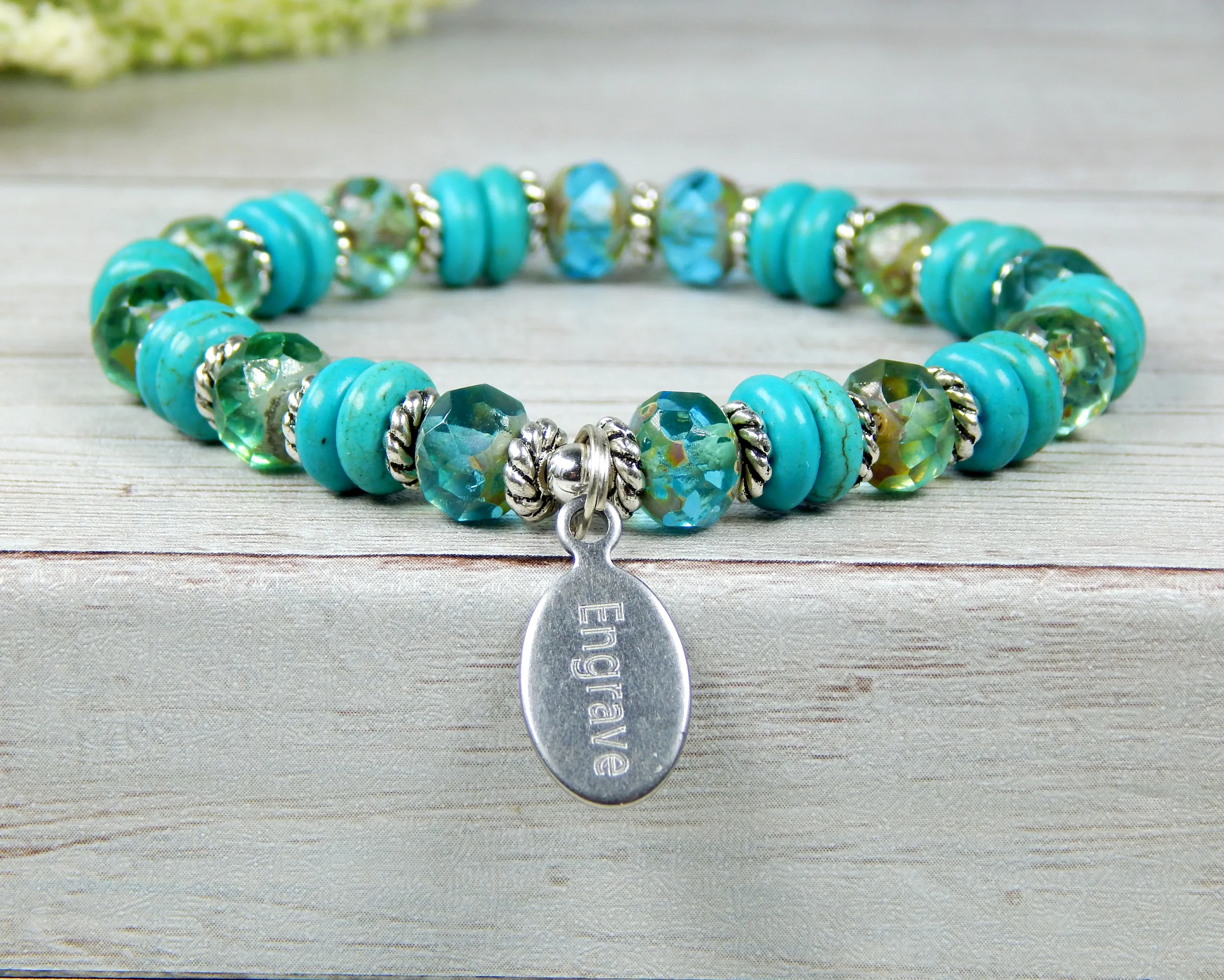 Personalized Women Bracelets - Beaded Turquoise Engraved Jewelry