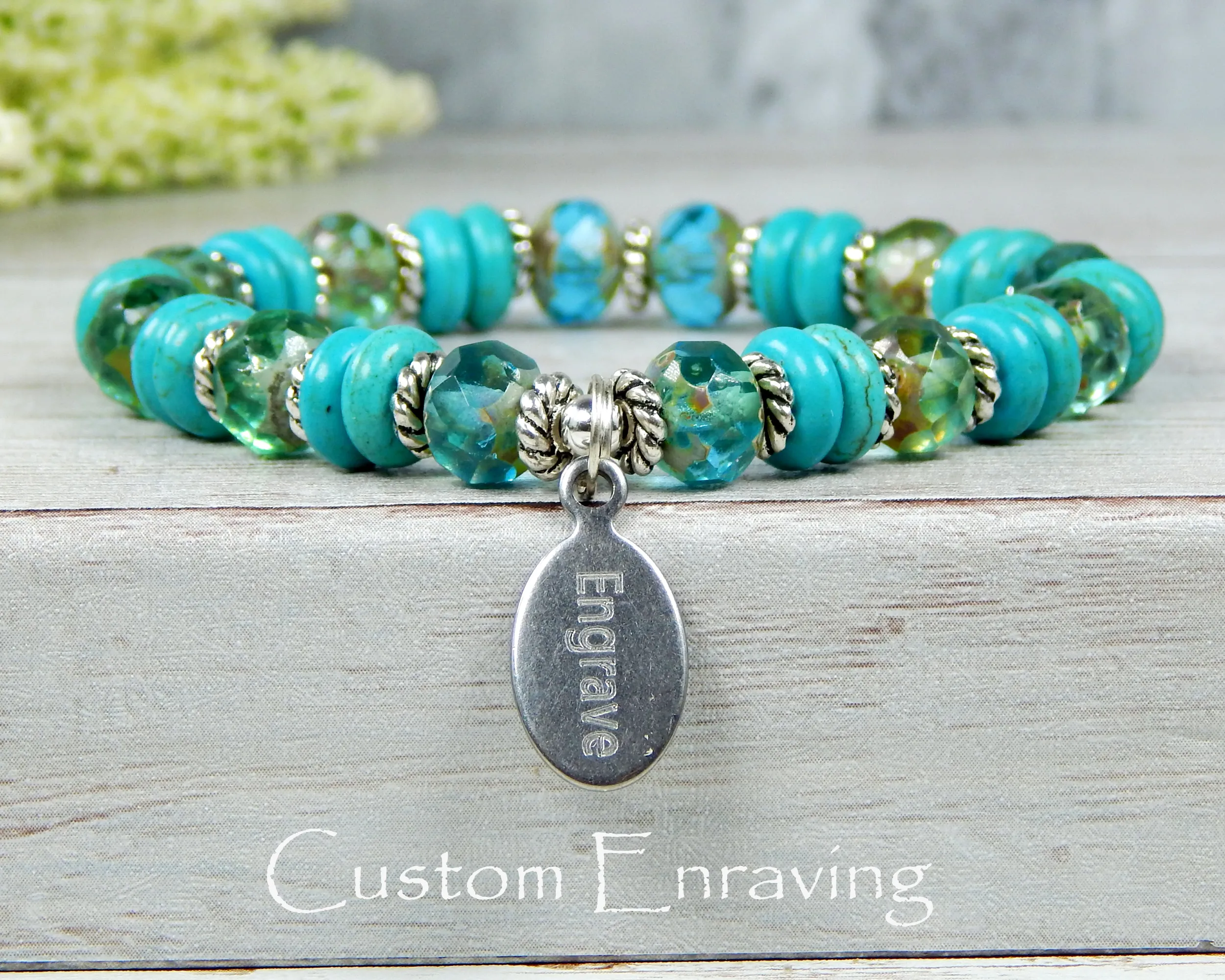 Personalized Women Bracelets - Beaded Turquoise Engraved Jewelry