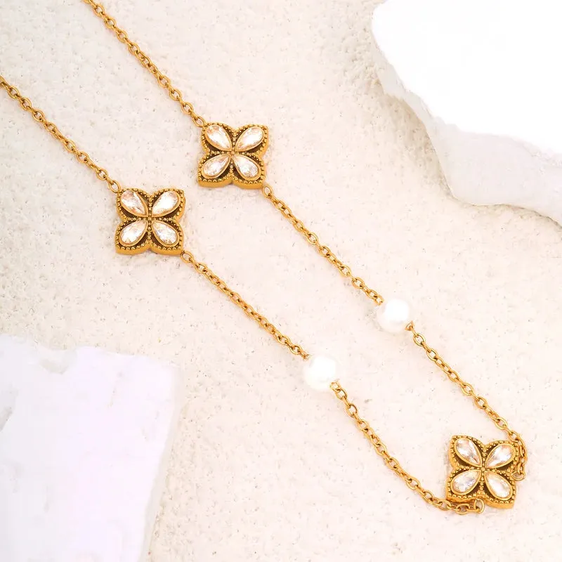 "316L Stainless Steel Four-Leaf Clover Necklace with CZ Crystals