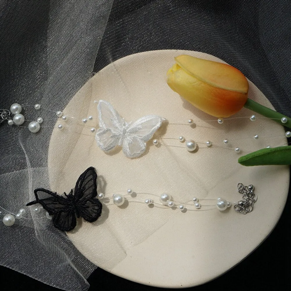 Romantic Design Wedding Pearl Gauze Butterfly Necklace White