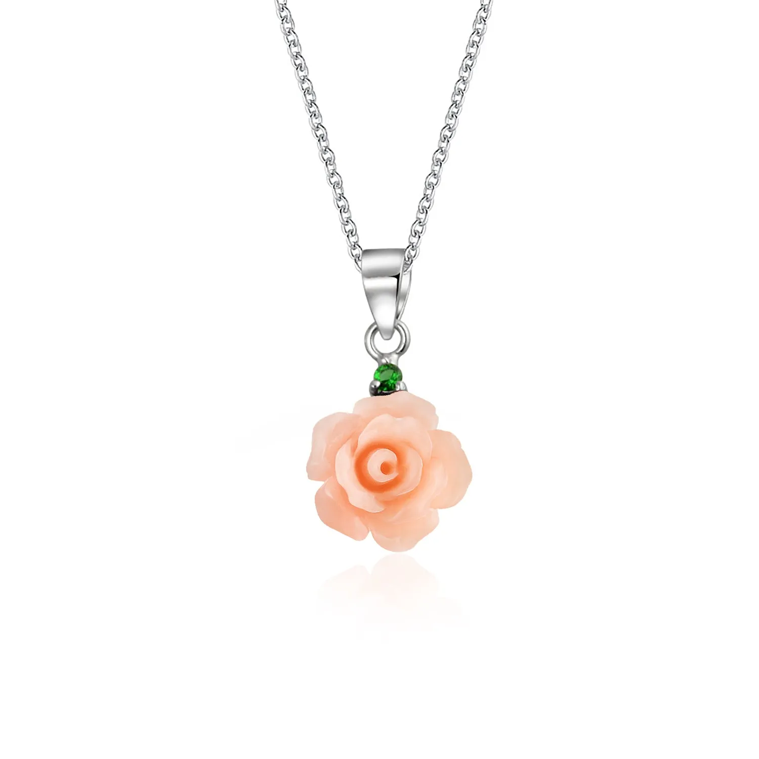 Romantic Floral 3D Pink Red Rose Pendant Necklace with Green CZ in Sterling Silver