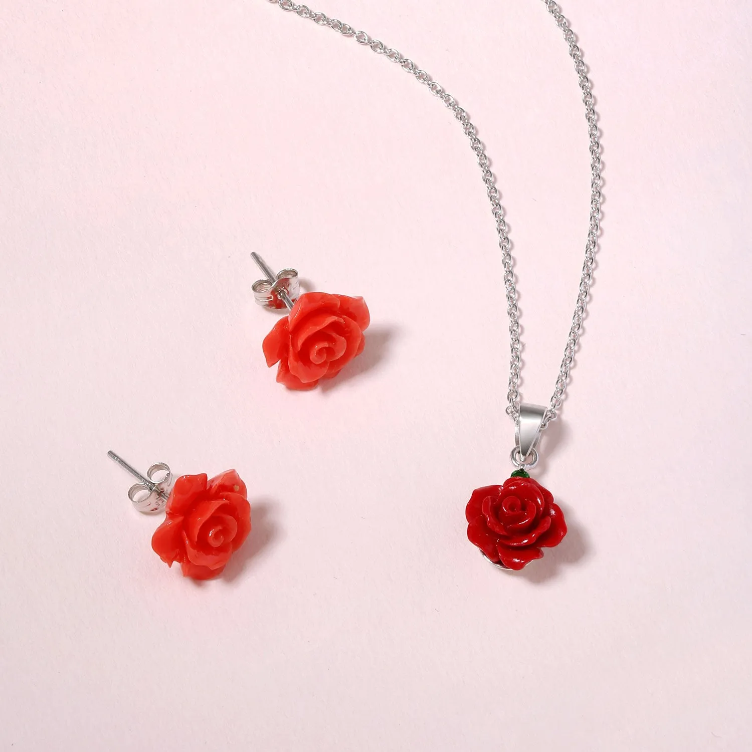 Romantic Floral 3D Pink Red Rose Pendant Necklace with Green CZ in Sterling Silver