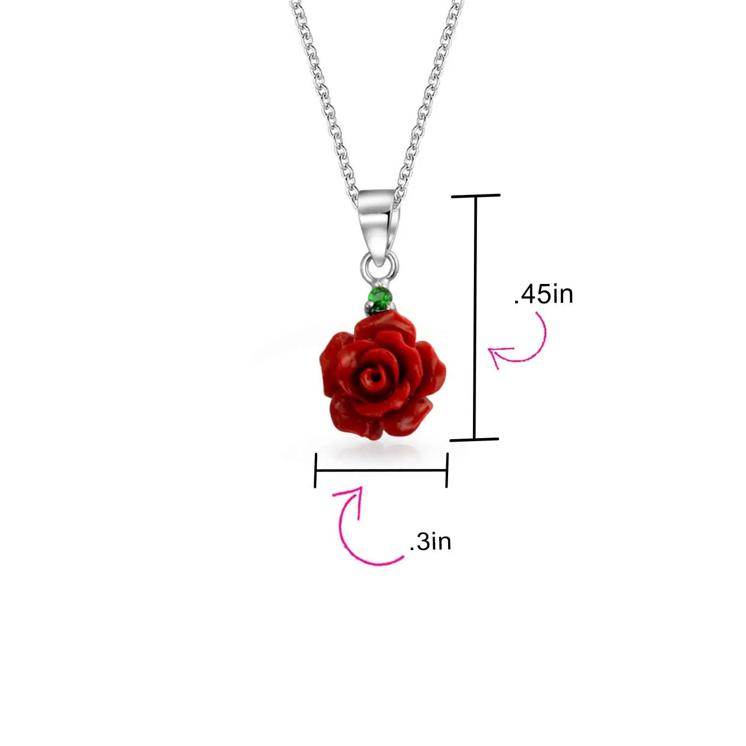 Romantic Floral 3D Pink Red Rose Pendant Necklace with Green CZ in Sterling Silver