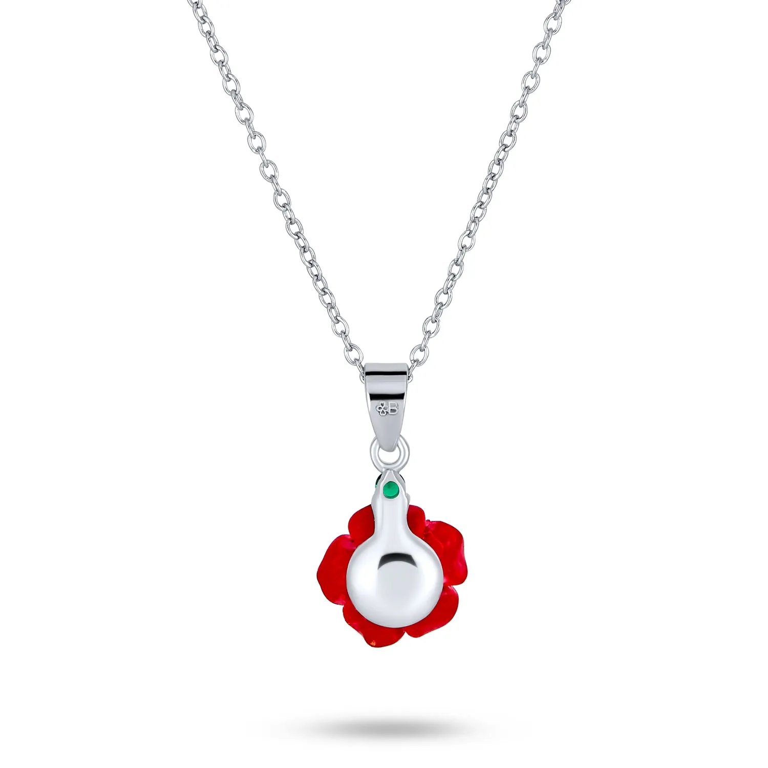 Romantic Floral 3D Pink Red Rose Pendant Necklace with Green CZ in Sterling Silver