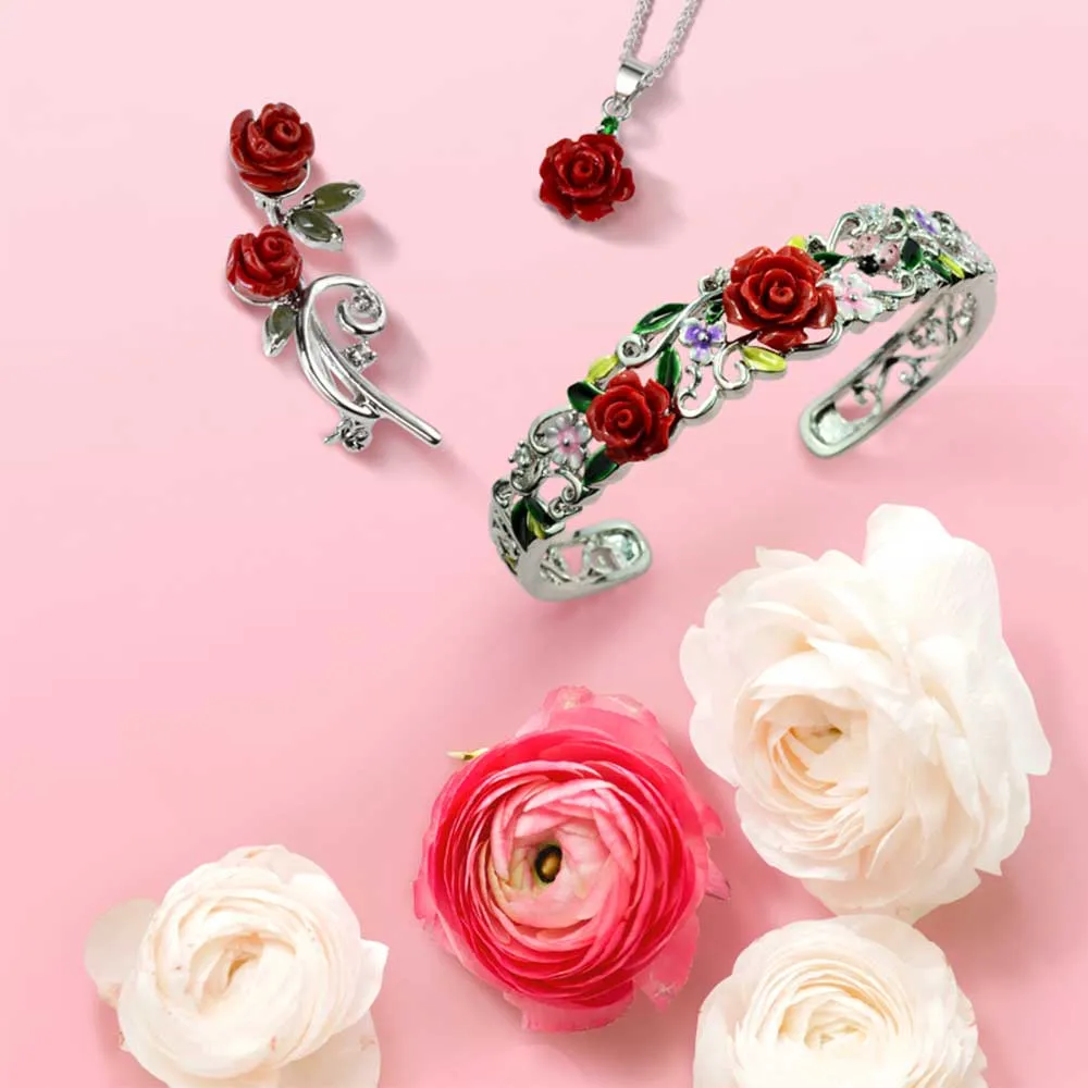 Romantic Floral 3D Pink Red Rose Pendant Necklace with Green CZ in Sterling Silver