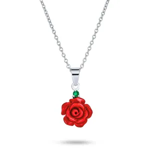 Romantic Floral 3D Pink Red Rose Pendant Necklace with Green CZ in Sterling Silver