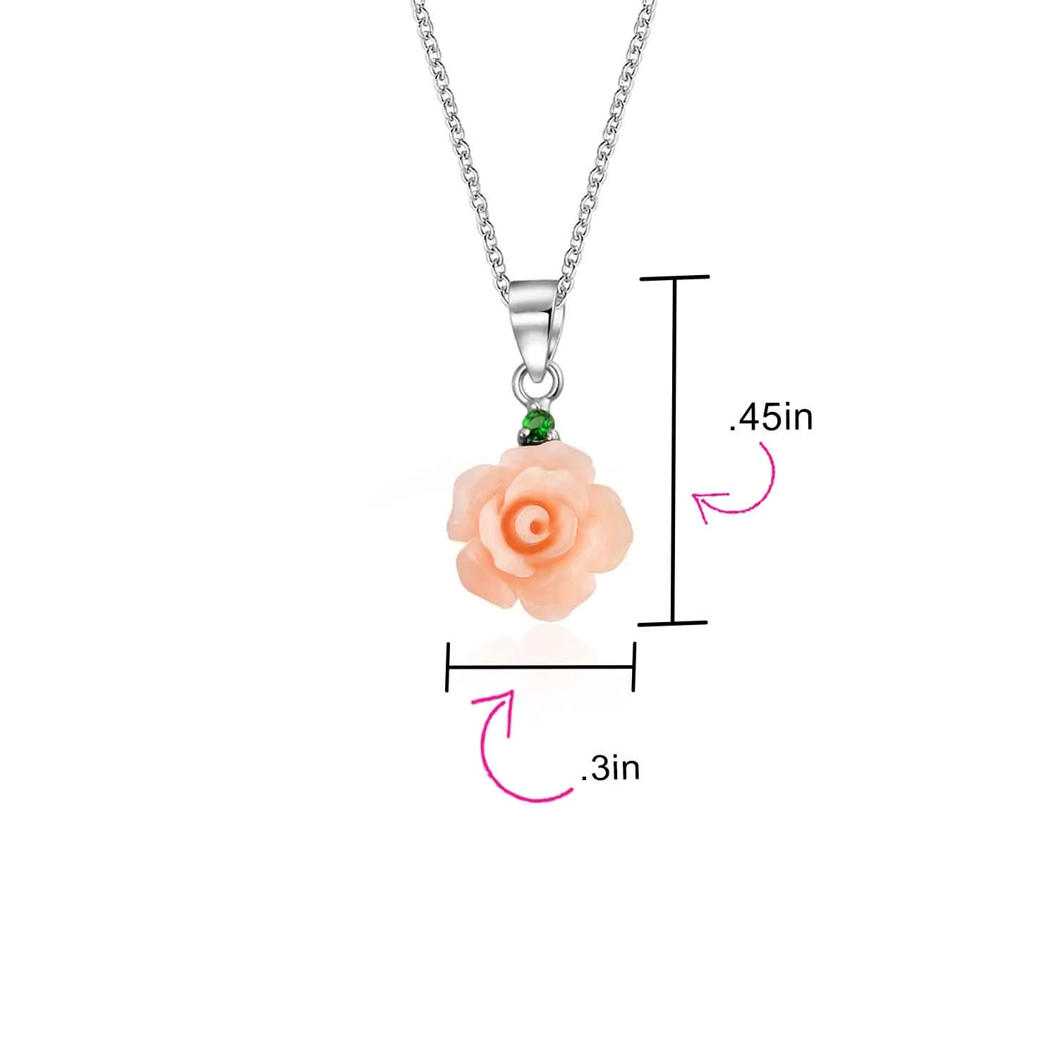 Romantic Floral 3D Pink Red Rose Pendant Necklace with Green CZ in Sterling Silver