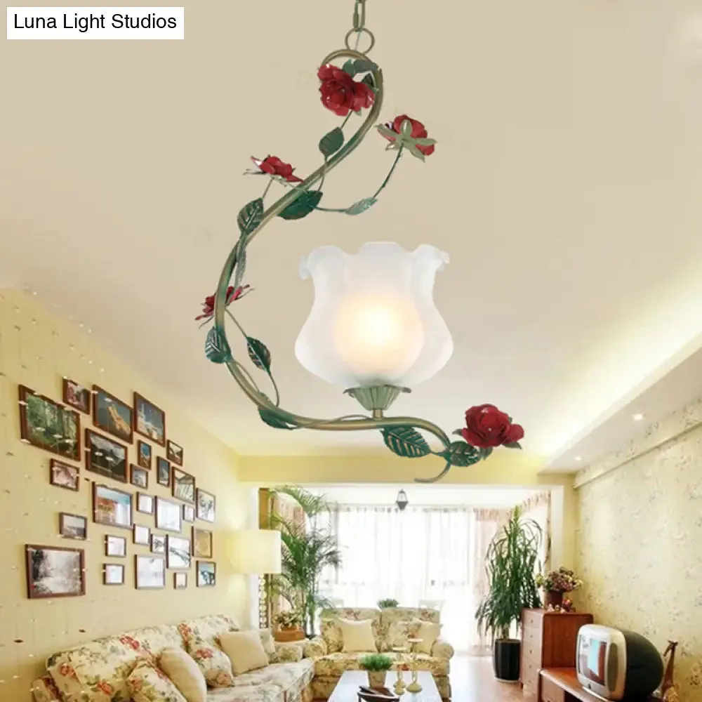 Romantic Flower Pendant Ceiling Light with Metal Curvy Arm - White Glass, 1 Light