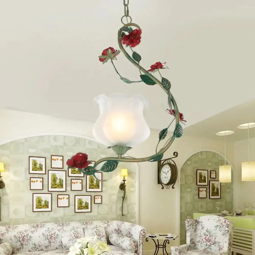 Romantic Flower Pendant Ceiling Light with Metal Curvy Arm - White Glass, 1 Light