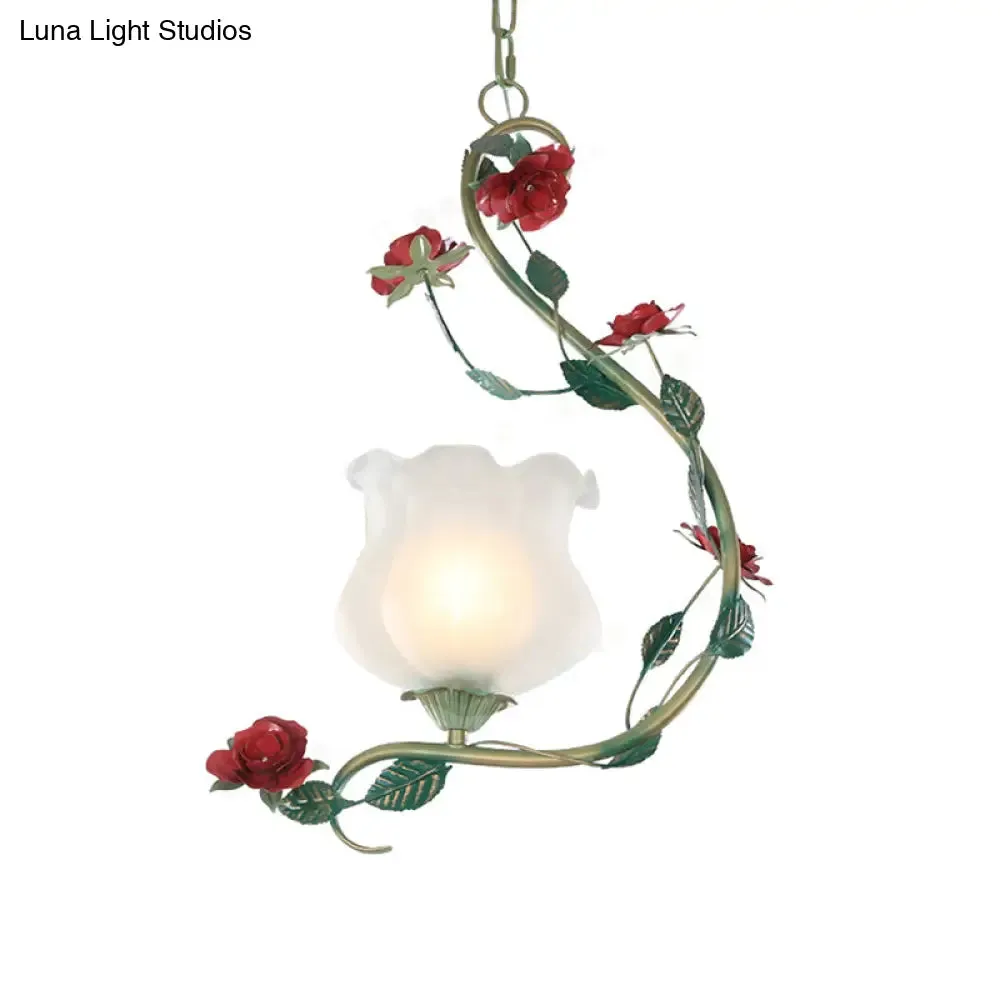 Romantic Flower Pendant Ceiling Light with Metal Curvy Arm - White Glass, 1 Light