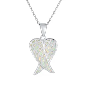 Romantic Love Gemstone White Opal Angel Wings Pendant Necklace Sterling Silver