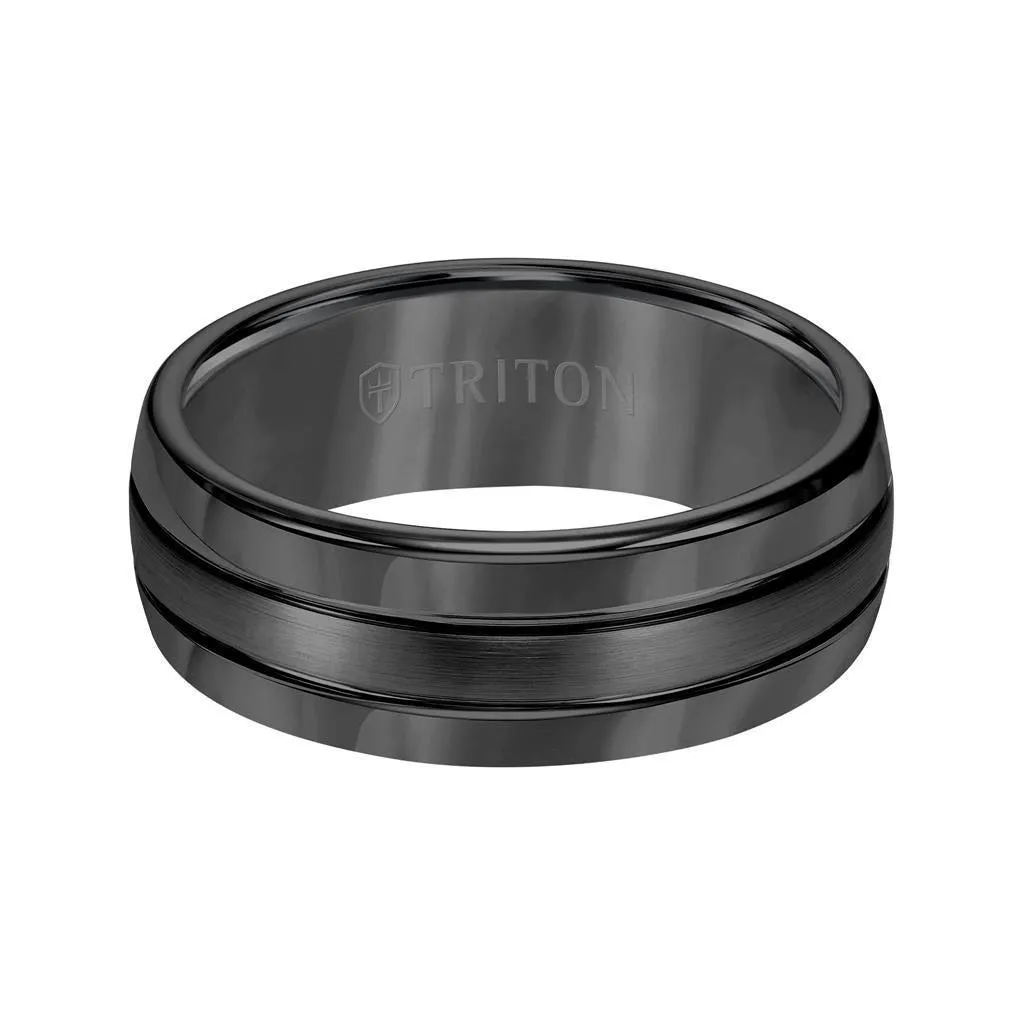 SEVAG Black Tungsten Carbide Domed Comfort Fit Band with Brush Finish Center and Bright Polished Edges by Triton Rings - 8mm