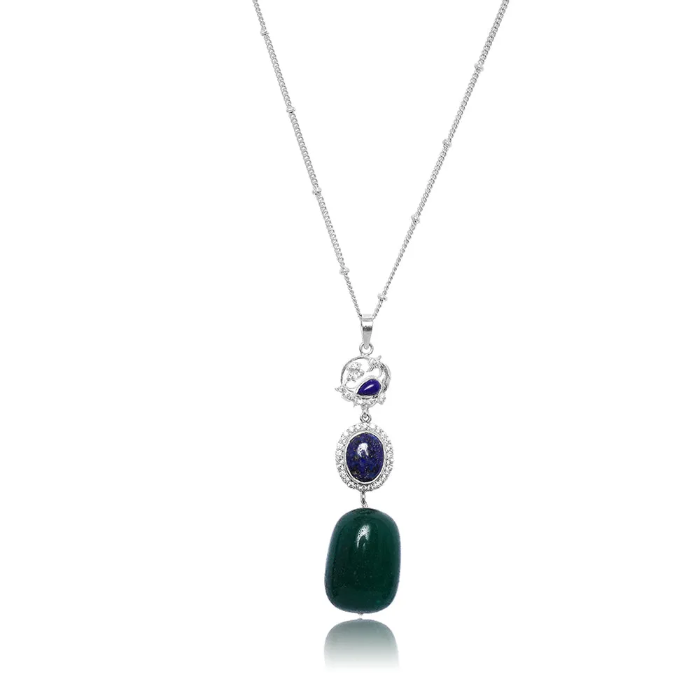 Silver Oxidised Lapis And Green Onyx Necklace