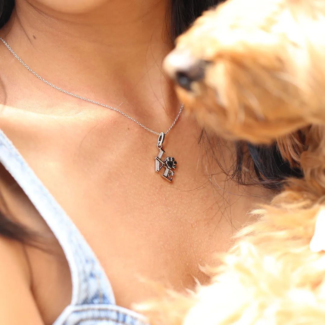 Silver Philly Love Paw Print Black Diamond Necklace