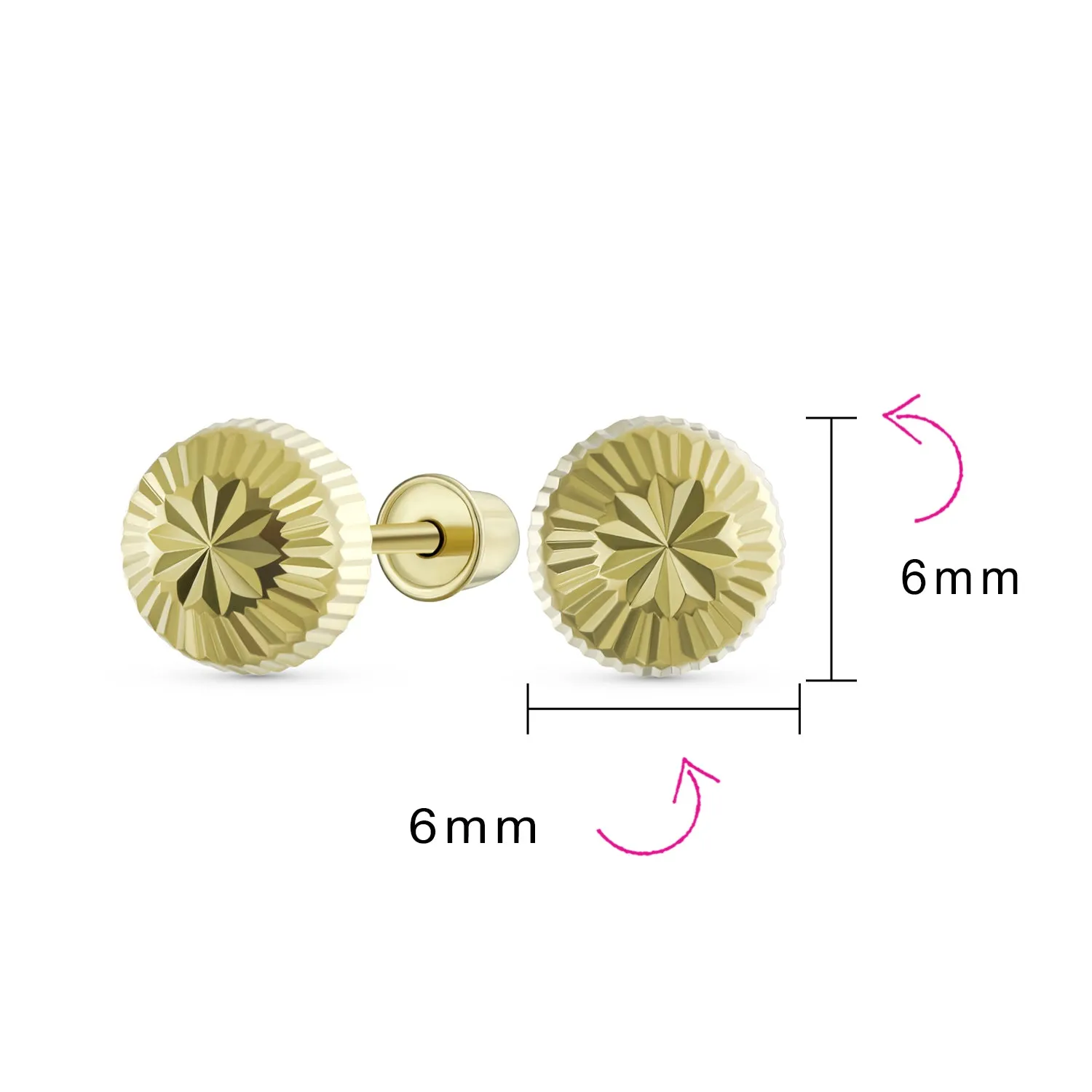 Simple Classic 10K Gold Drop Ball Earrings Round Half Dome Star Burst Studs 6MM