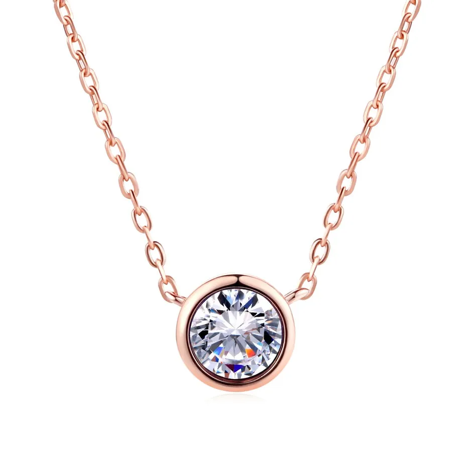 Simply Small Round 1 Carat Cubic Zirconia Pendant Necklace for Women Rose Gold Color Colorful Crystal Chain on Neck Jewelry N388