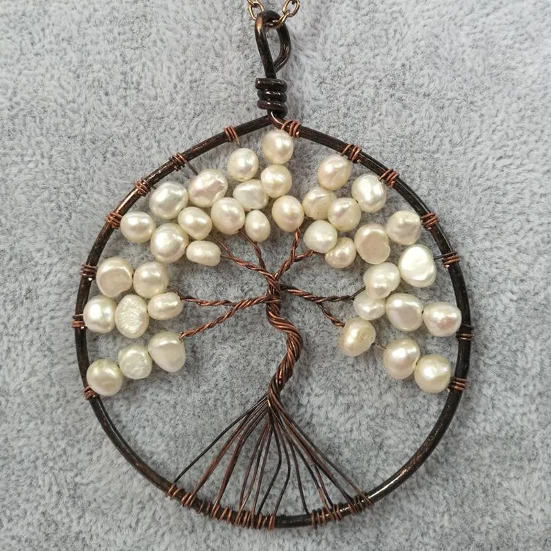 Tree Of Life Freshwater Pearl Pendant Necklace Copper Wire Handmade Sweater Chain Jewelry