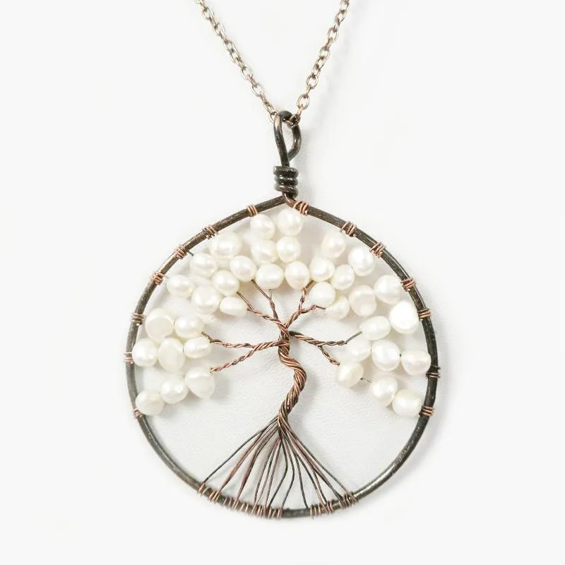 Tree Of Life Freshwater Pearl Pendant Necklace Copper Wire Handmade Sweater Chain Jewelry