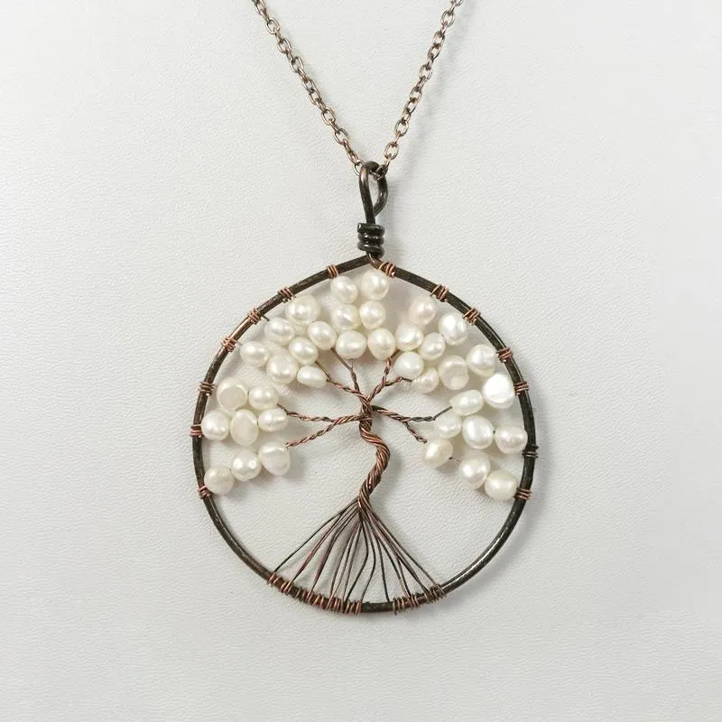 Tree Of Life Freshwater Pearl Pendant Necklace Copper Wire Handmade Sweater Chain Jewelry