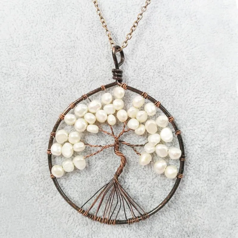 Tree Of Life Freshwater Pearl Pendant Necklace Copper Wire Handmade Sweater Chain Jewelry