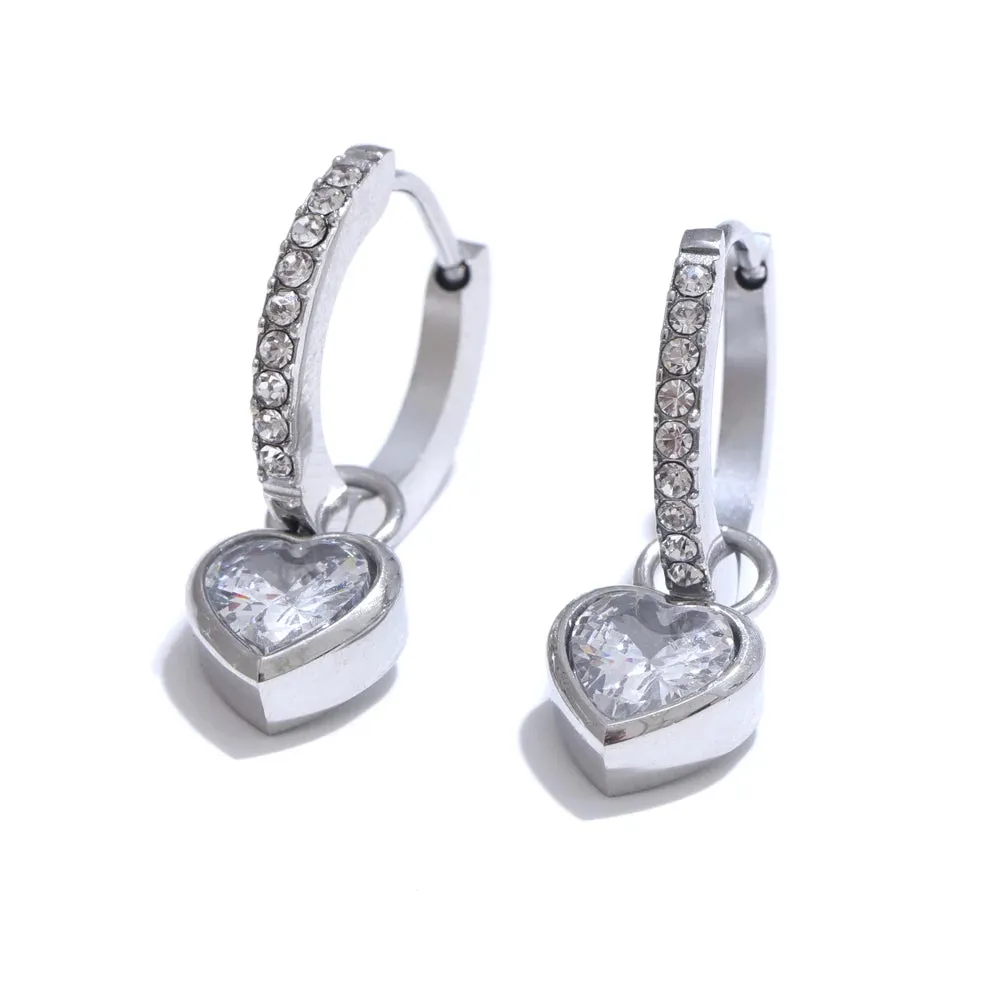 VAIGE Elegant Bling Cubic Zirconia Heart Drop Hoop Earrings - High-Quality Stainless Steel Jewelry Accessory Gift