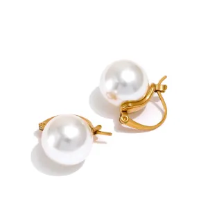 VAIGE Elegant Geometric Golden Huggie Hoop Earrings with Stainless Steel and Simulated Pearls - Trendy Fashion Jewelry Gift