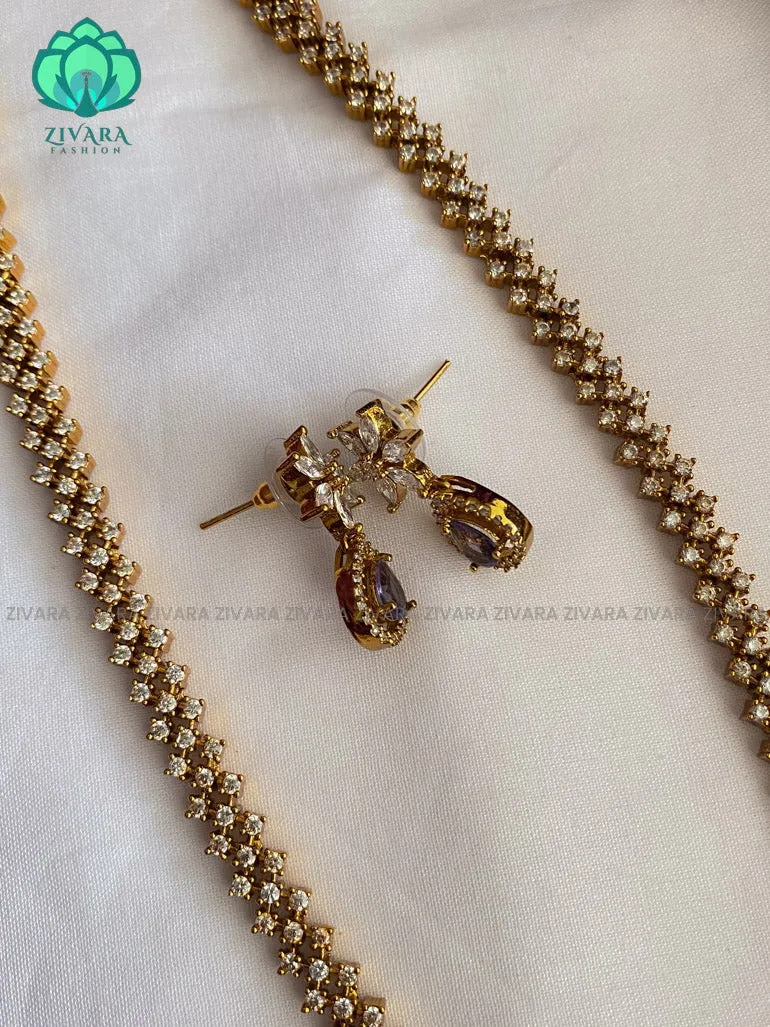 VIOLET stone - Motif free- Elegant and stylish gold polish long haaram/neckwear with earrings- Zivara Fashion