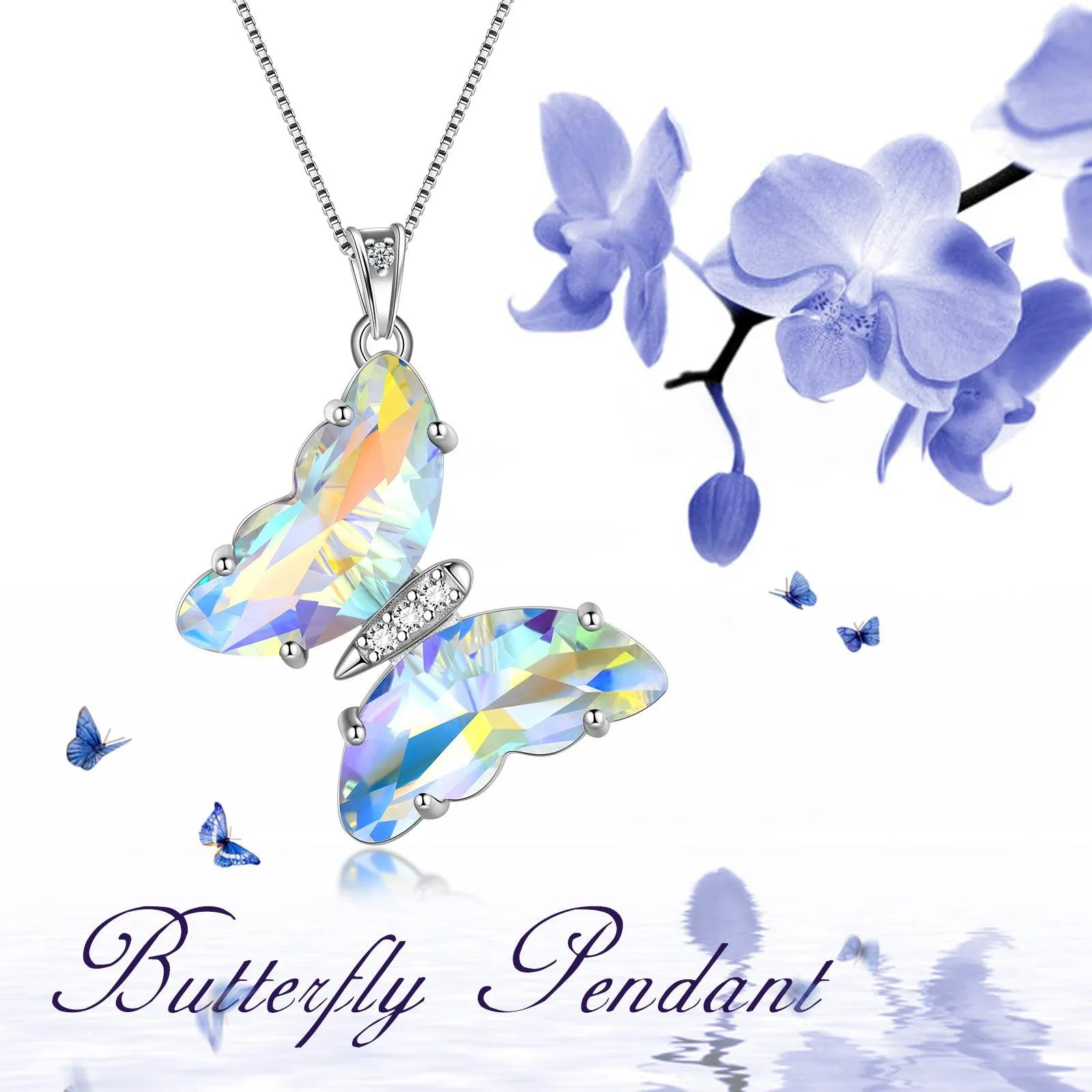 White Butterfly Necklace April Diamond Birthstone Pendant Women Girls Jewelry Birthday Gift