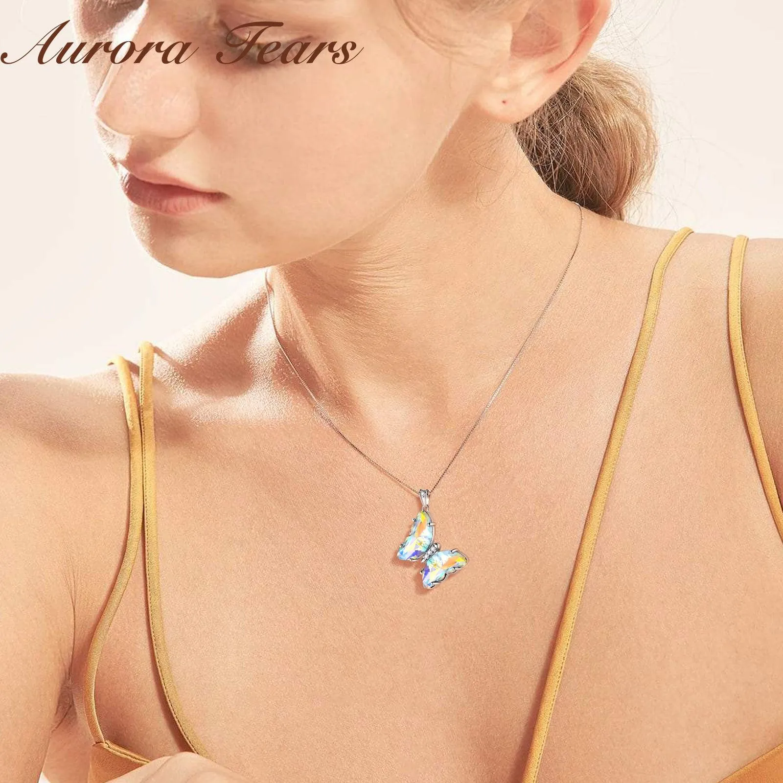 White Butterfly Necklace April Diamond Birthstone Pendant Women Girls Jewelry Birthday Gift