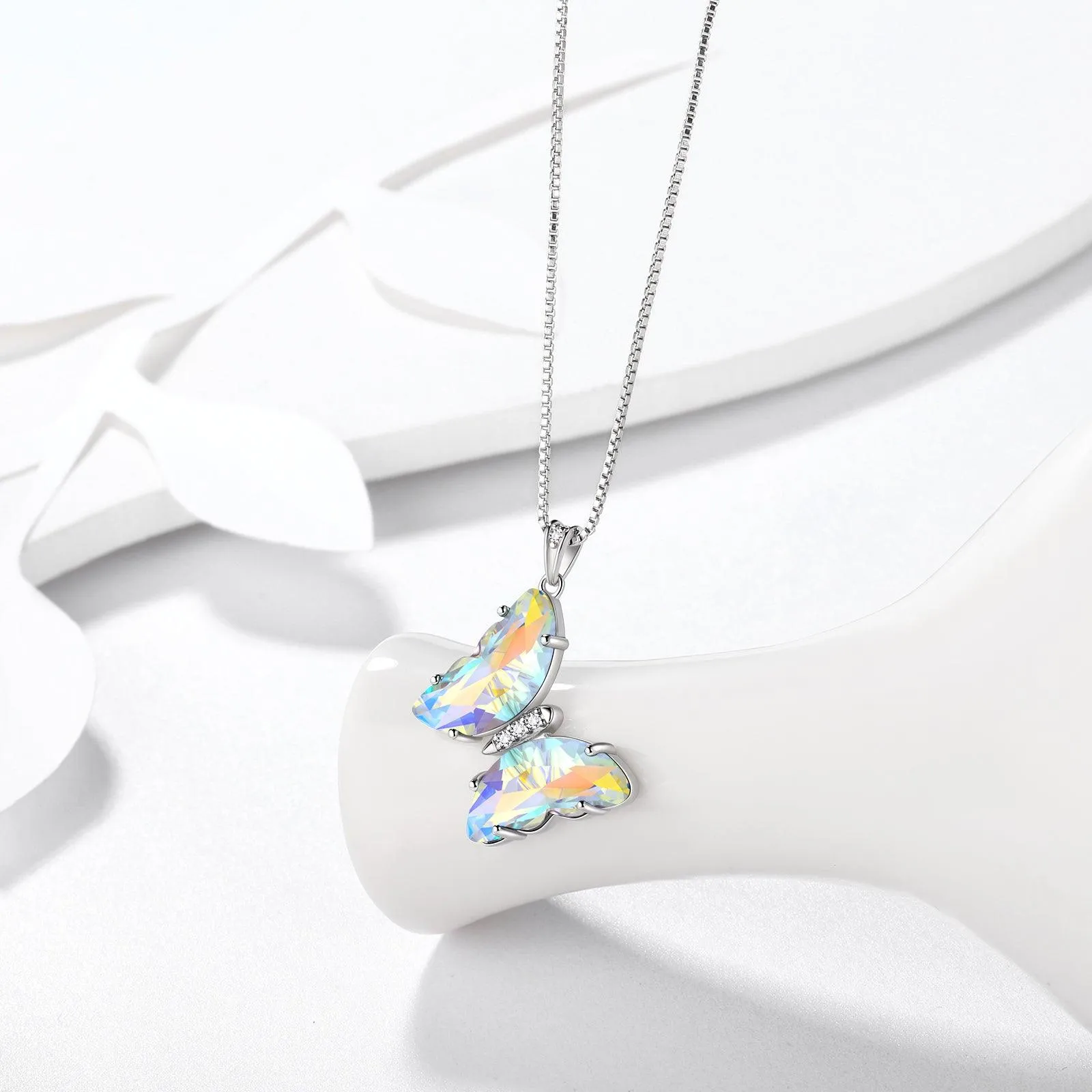 White Butterfly Necklace April Diamond Birthstone Pendant Women Girls Jewelry Birthday Gift